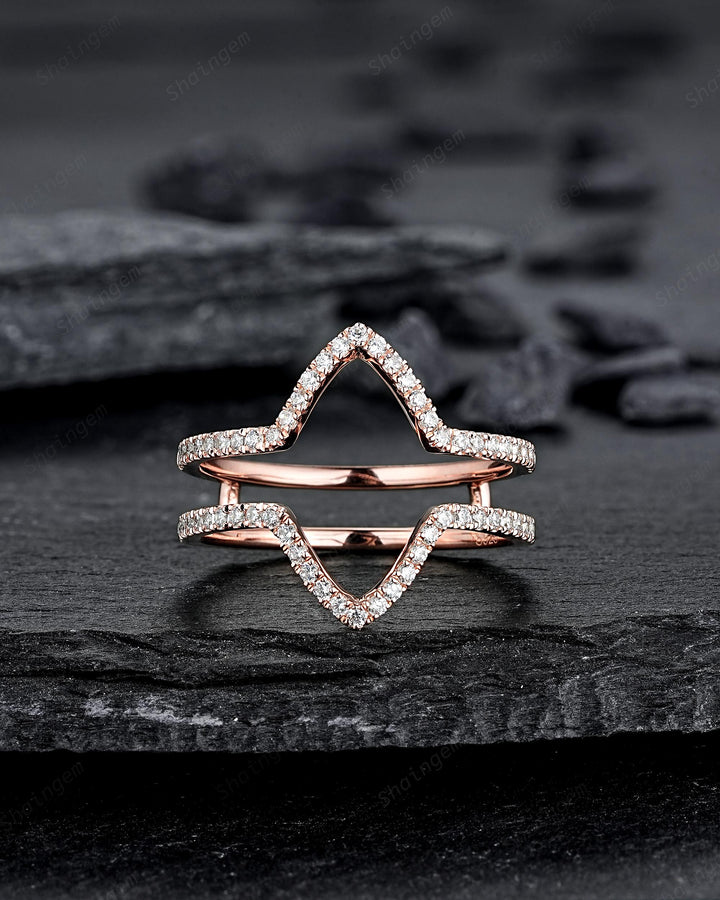 3PCS Marquise Cut Pink Sapphire Bridal Set V Shape Ring Guard Spacer Engagement Ring Enhancer Curved Soldered Band Halo Wedding Promise Ring - ShainJewelry