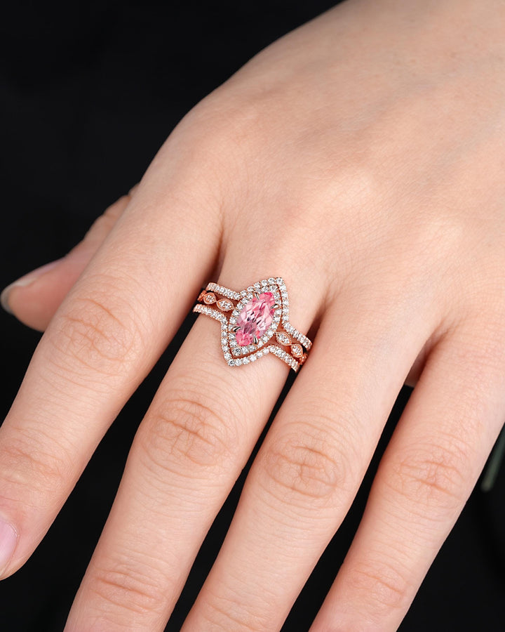 3PCS Marquise Cut Pink Sapphire Bridal Set V Shape Ring Guard Spacer Engagement Ring Enhancer Curved Soldered Band Halo Wedding Promise Ring - ShainJewelry