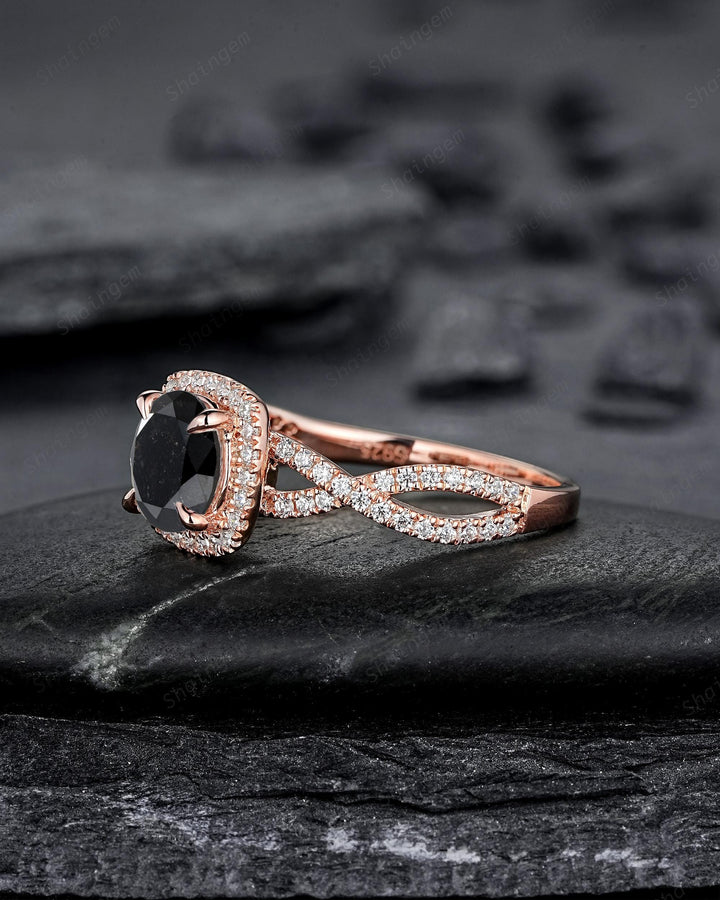 Oval Shape Natural Black Diamond Halo Engagement Ring Twist Shank Solid Rose Gold Crossover Half Eternity Promise Ring Platinum Diamond Ring - ShainJewelry