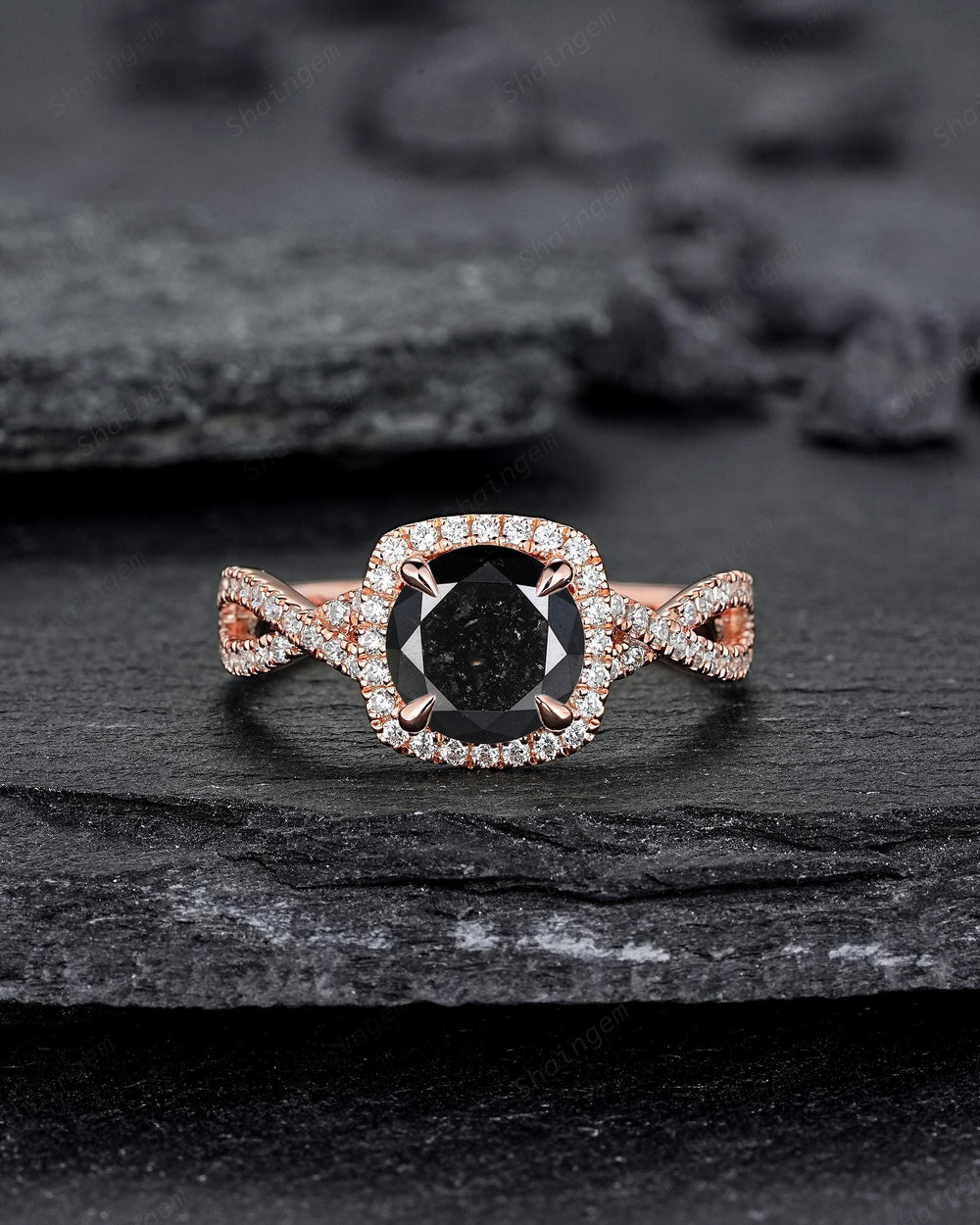 Oval Shape Natural Black Diamond Halo Engagement Ring Twist Shank Solid Rose Gold Crossover Half Eternity Promise Ring Platinum Diamond Ring - ShainJewelry