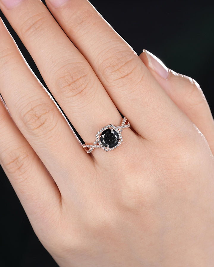 Oval Shape Natural Black Diamond Halo Engagement Ring Twist Shank Solid Rose Gold Crossover Half Eternity Promise Ring Platinum Diamond Ring - ShainJewelry