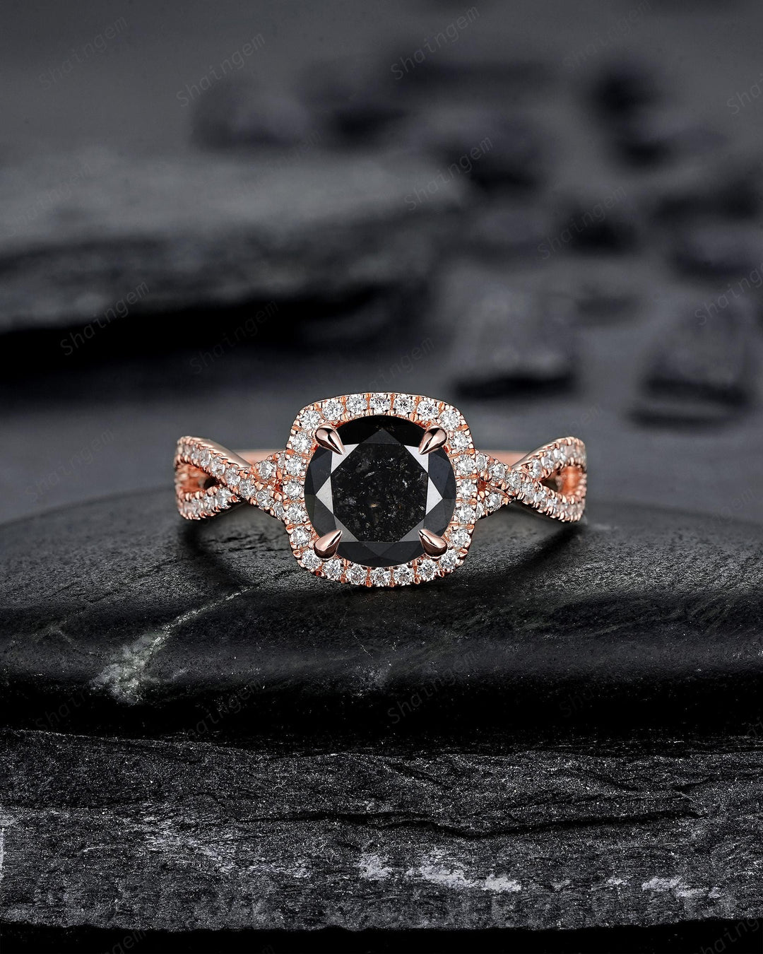 Oval Shape Natural Black Diamond Halo Engagement Ring Twist Shank Solid Rose Gold Crossover Half Eternity Promise Ring Platinum Diamond Ring - ShainJewelry