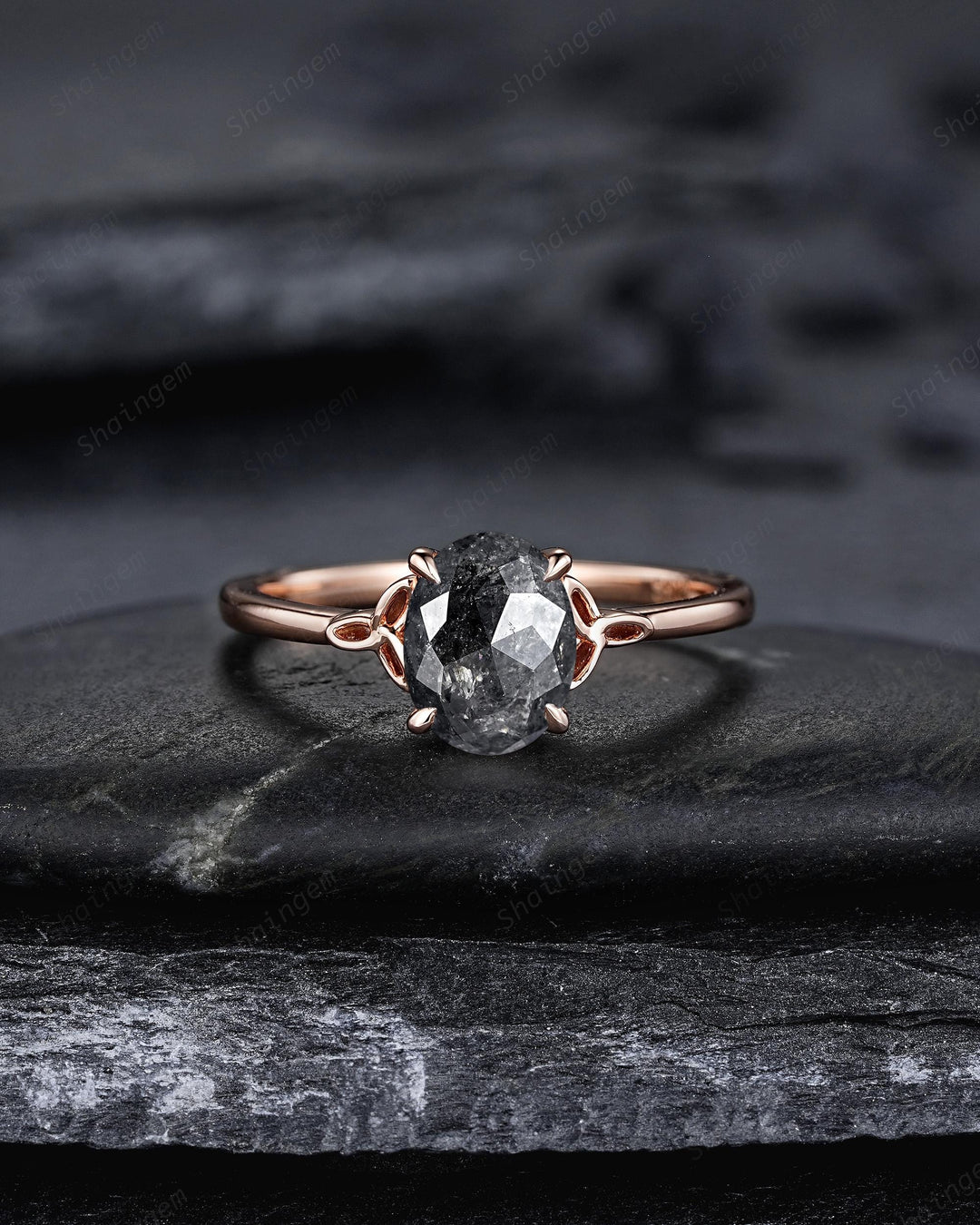 Celtic Knot Natural Salt and Pepper Diamond Engagement Ring Set, Platinum Oval Shape Gray Diamond Promise Ring, Solid Rose Gold Wedding Ring - ShainJewelry