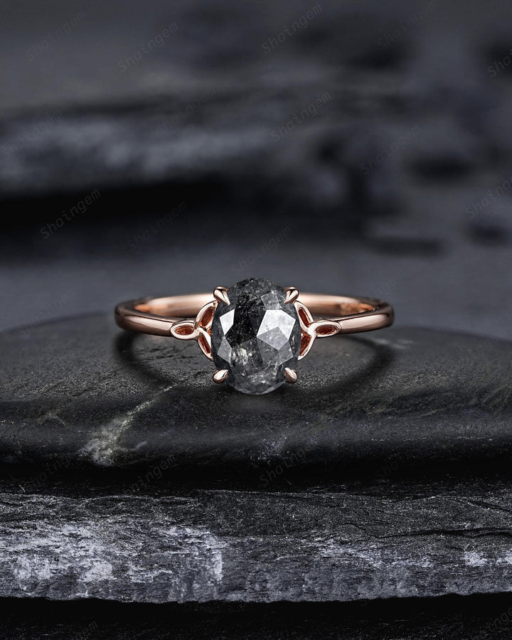 Celtic Knot Natural Salt and Pepper Diamond Engagement Ring Set, Platinum Oval Shape Gray Diamond Promise Ring, Solid Rose Gold Wedding Ring - ShainJewelry