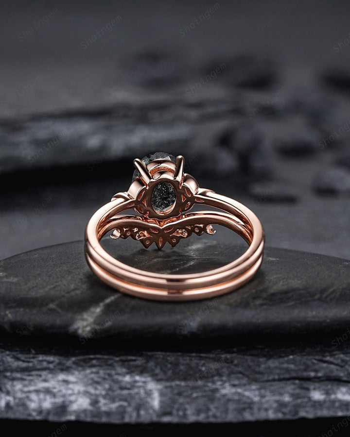 Celtic Knot Natural Salt and Pepper Diamond Engagement Ring Set, Platinum Oval Shape Gray Diamond Promise Ring, Solid Rose Gold Wedding Ring - ShainJewelry