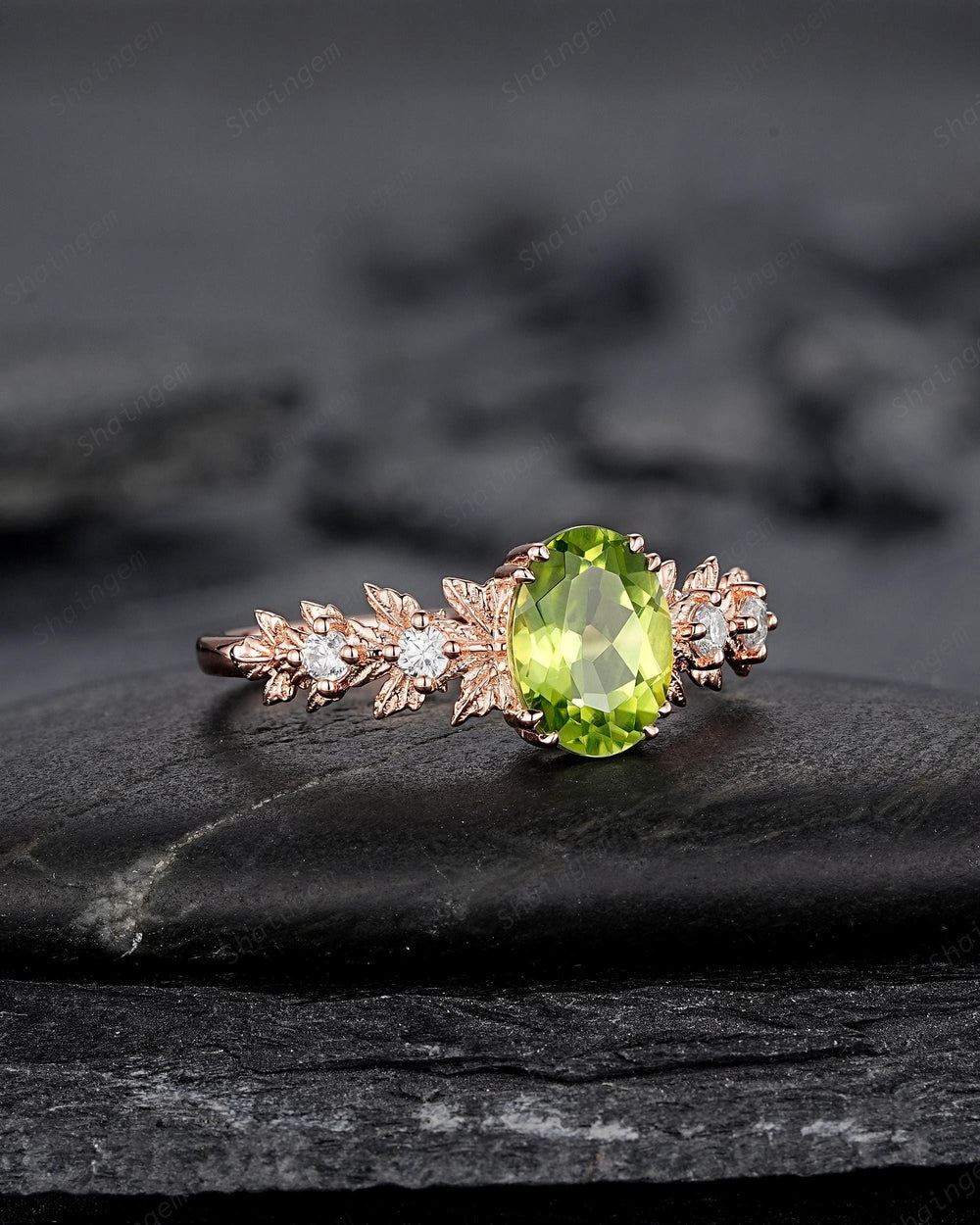Oval Shape Peridot Maple Leaf Engagement Ring, Nature Inspired Promise Ring, Rose Gold or Silver Wedding Ring August Birthstone Ring Gift - ShainJewelry