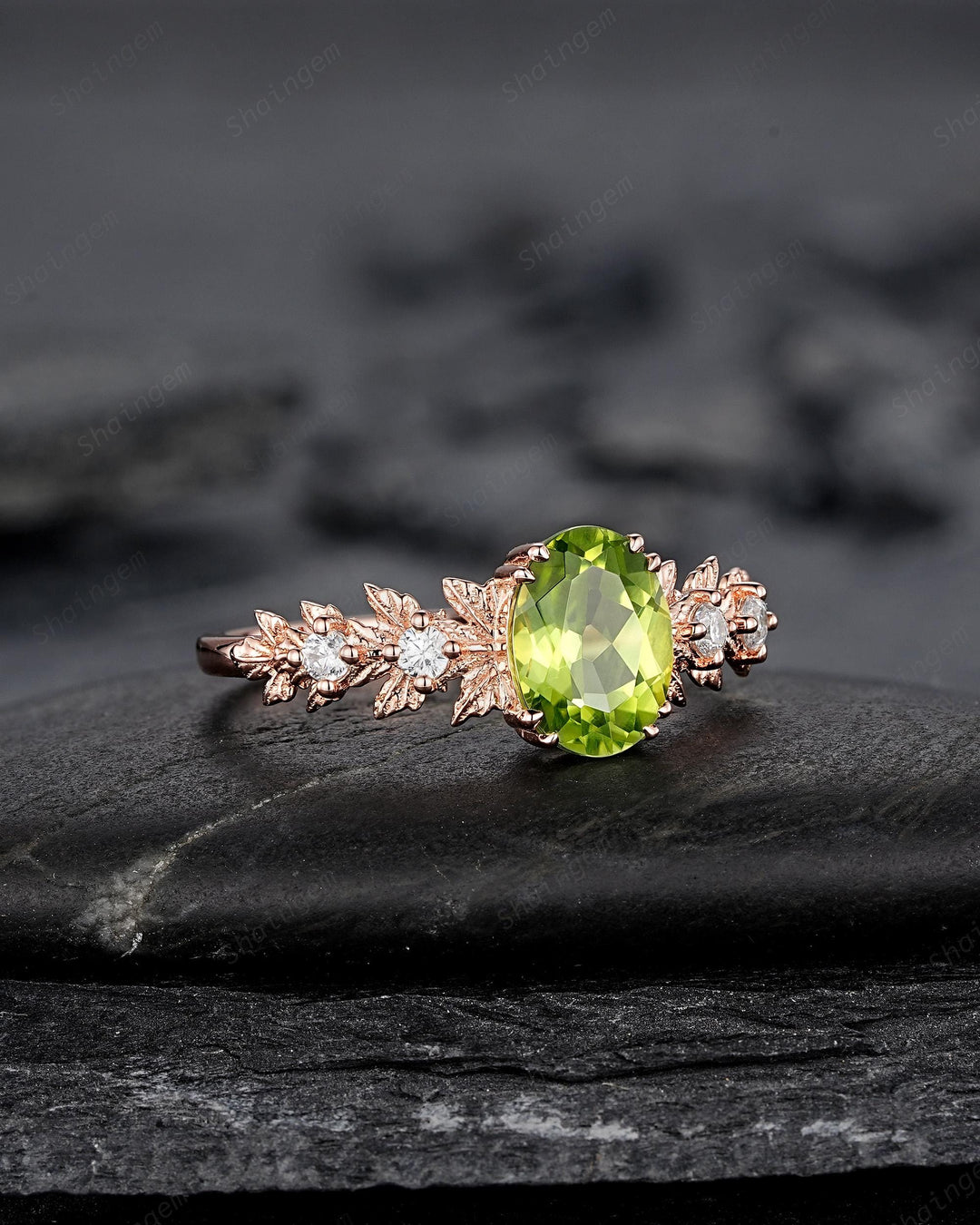 Oval Shape Peridot Maple Leaf Engagement Ring, Nature Inspired Promise Ring, Rose Gold or Silver Wedding Ring August Birthstone Ring Gift - ShainJewelry