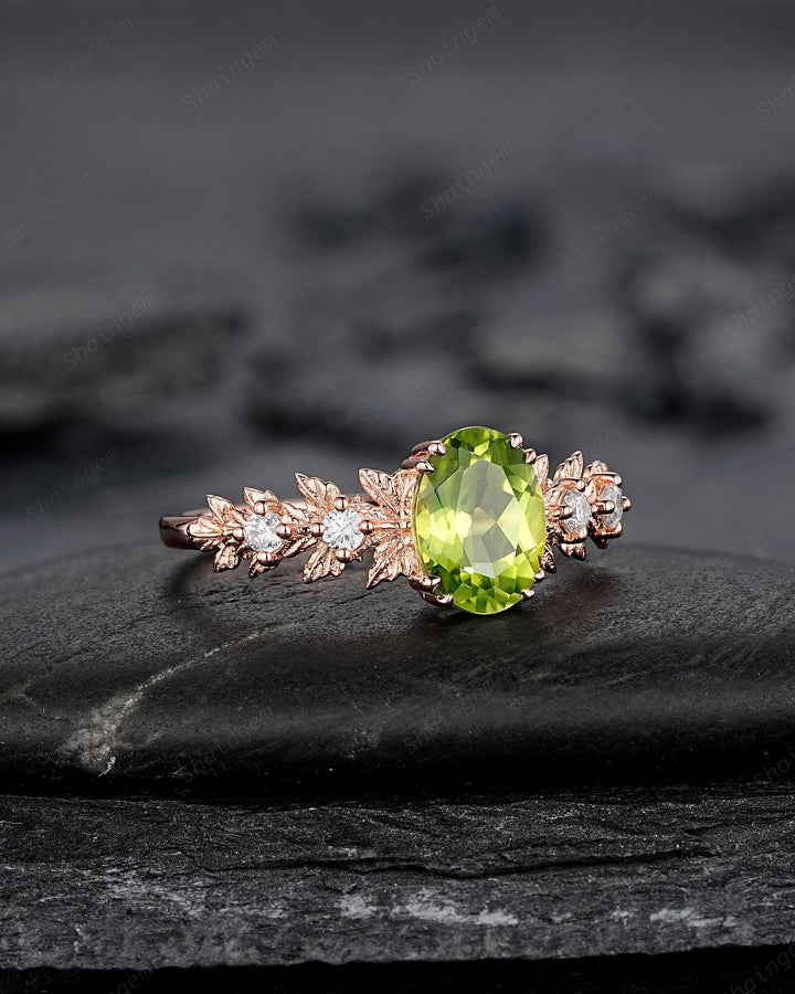 Oval Shape Peridot Maple Leaf Engagement Ring, Nature Inspired Promise Ring, Rose Gold or Silver Wedding Ring August Birthstone Ring Gift - ShainJewelry