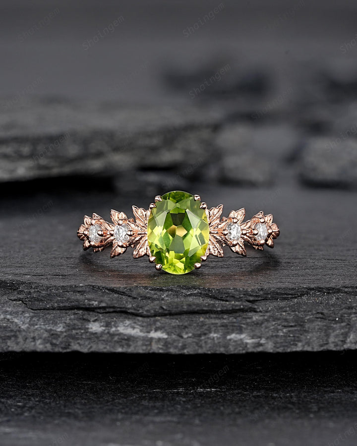 Oval Shape Peridot Maple Leaf Engagement Ring, Nature Inspired Promise Ring, Rose Gold or Silver Wedding Ring August Birthstone Ring Gift - ShainJewelry