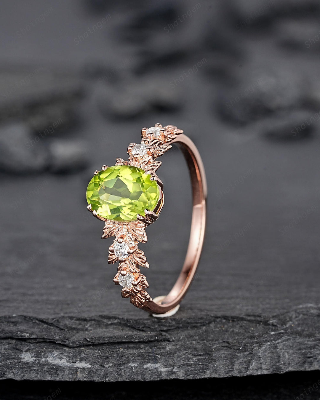 Oval Shape Peridot Maple Leaf Engagement Ring, Nature Inspired Promise Ring, Rose Gold or Silver Wedding Ring August Birthstone Ring Gift - ShainJewelry