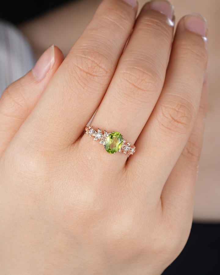 Oval Shape Peridot Maple Leaf Engagement Ring, Nature Inspired Promise Ring, Rose Gold or Silver Wedding Ring August Birthstone Ring Gift - ShainJewelry
