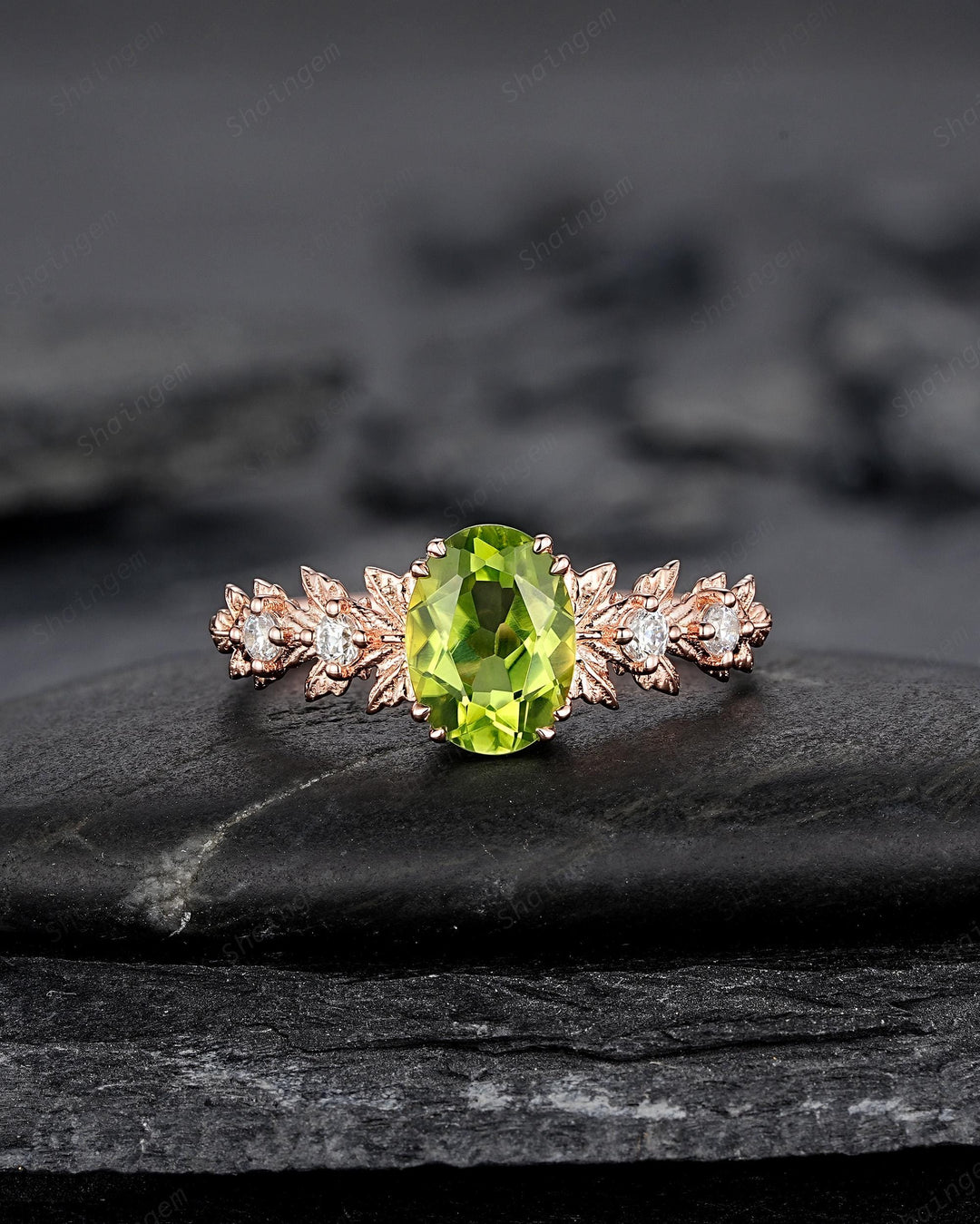Oval Shape Peridot Maple Leaf Engagement Ring, Nature Inspired Promise Ring, Rose Gold or Silver Wedding Ring August Birthstone Ring Gift - ShainJewelry