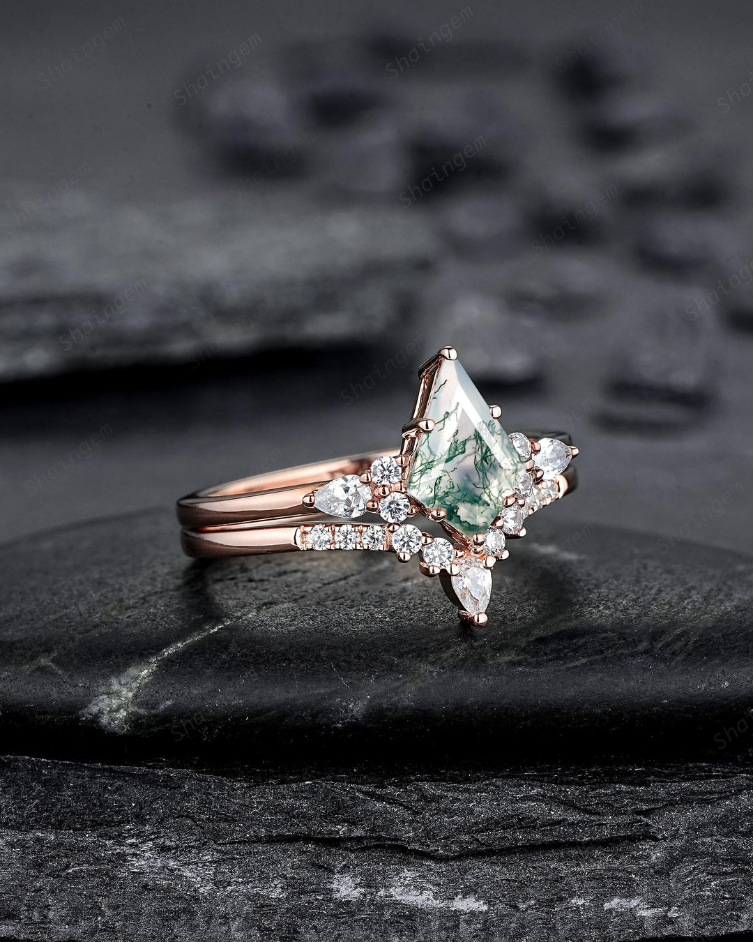 Vintage Kite Cut Moss Agate Engagement Ring Set, Rose Gold Moss Agate and Diamond Promise Ring, Silver Wedding Ring Bridal Set for Women - ShainJewelry