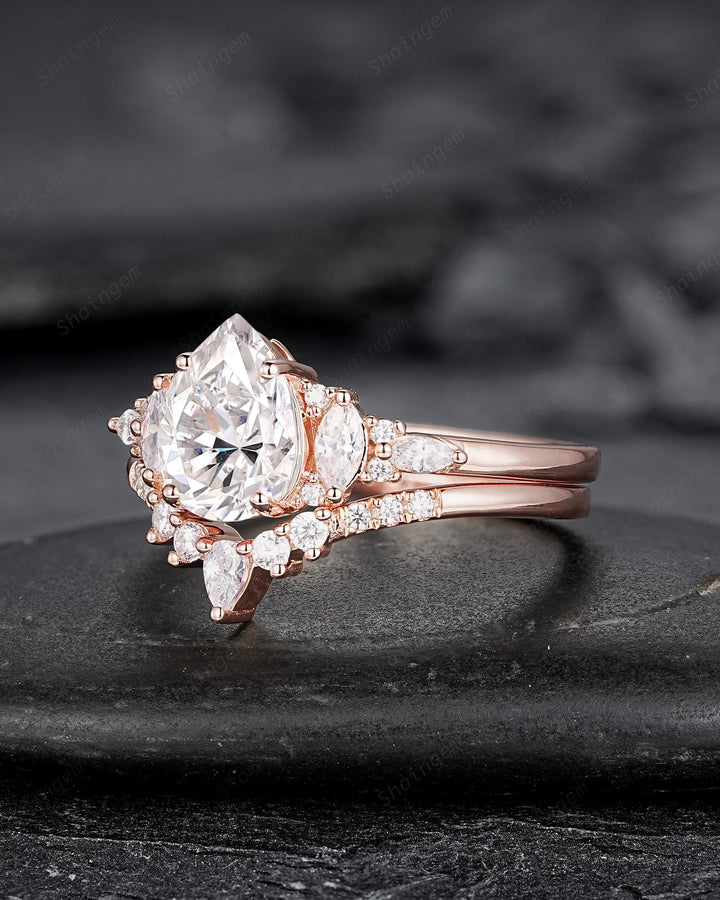 Vintage Pear Shape Moissanite Engagement Ring Set, Unique Women's Bridal Set, 14K Rose Gold Promise Ring Silver Wedding Ring for her Mom - ShainJewelry