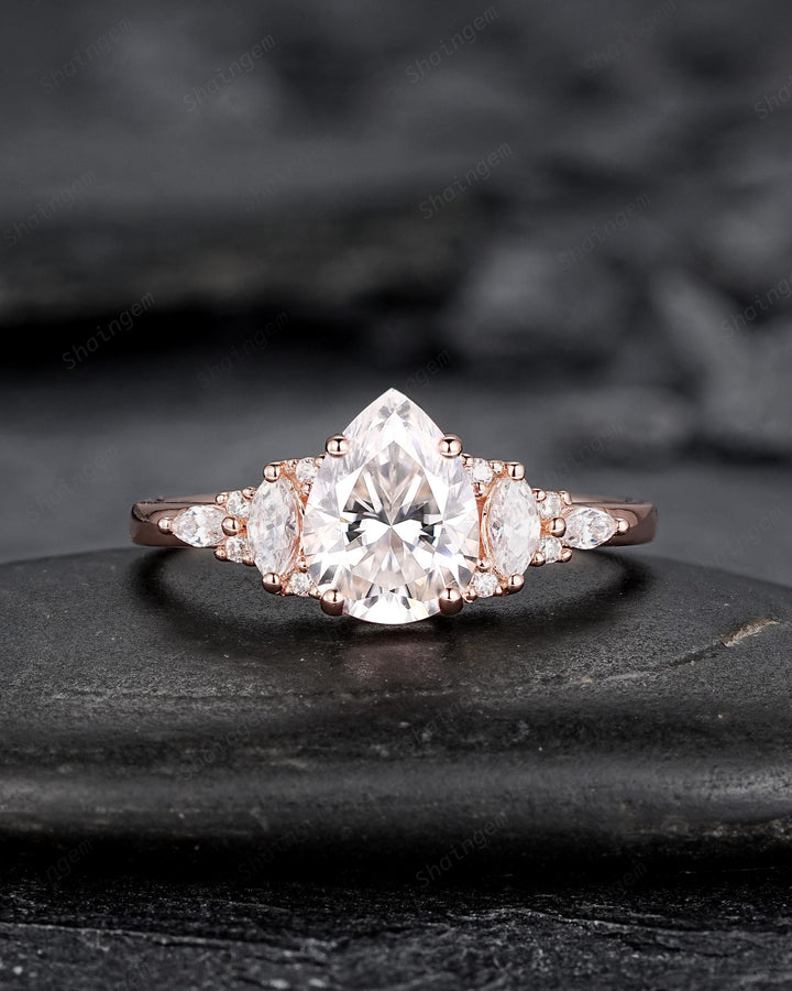 Vintage Pear Shape Moissanite Engagement Ring Set, Unique Women's Bridal Set, 14K Rose Gold Promise Ring Silver Wedding Ring for her Mom - ShainJewelry