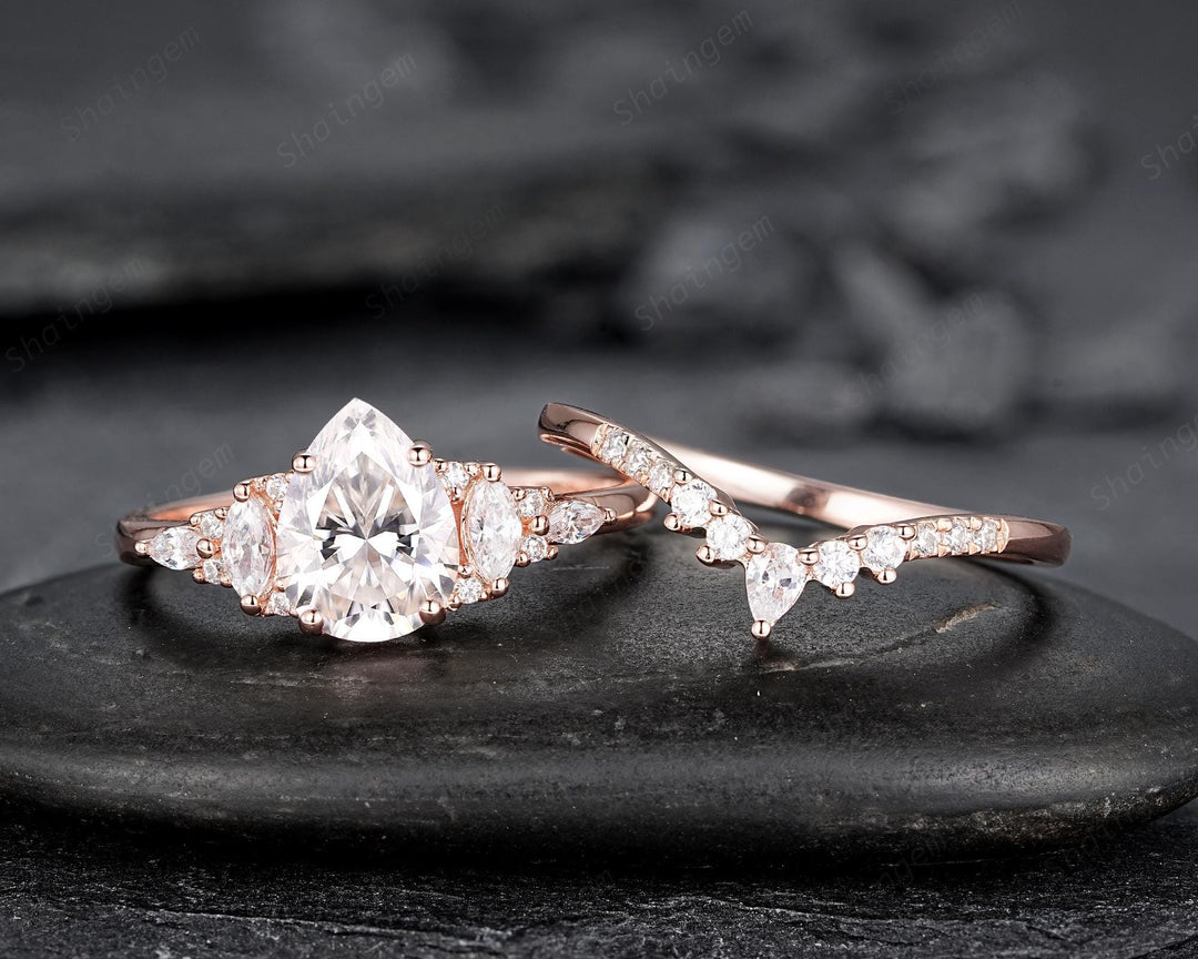 Vintage Pear Shape Moissanite Engagement Ring Set, Unique Women's Bridal Set, 14K Rose Gold Promise Ring Silver Wedding Ring for her Mom - ShainJewelry