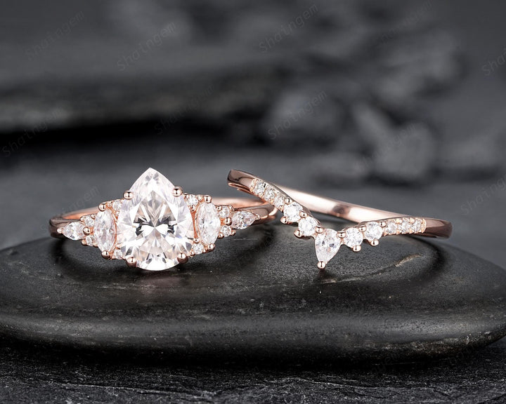 Vintage Pear Shape Moissanite Engagement Ring Set, Unique Women's Bridal Set, 14K Rose Gold Promise Ring Silver Wedding Ring for her Mom - ShainJewelry
