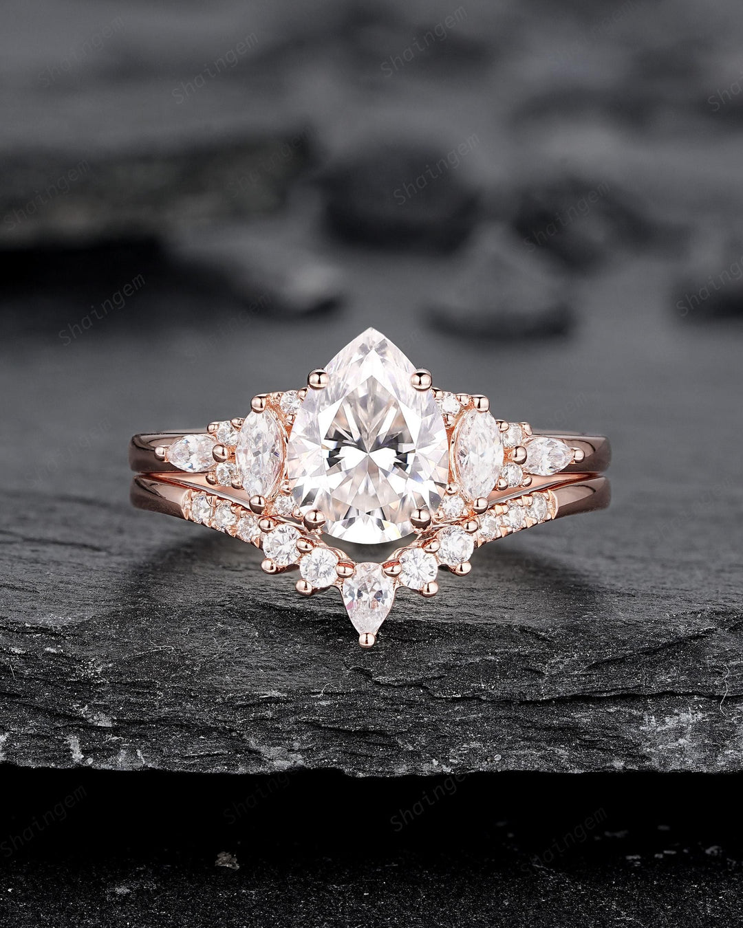 Vintage Pear Shape Moissanite Engagement Ring Set, Unique Women's Bridal Set, 14K Rose Gold Promise Ring Silver Wedding Ring for her Mom - ShainJewelry