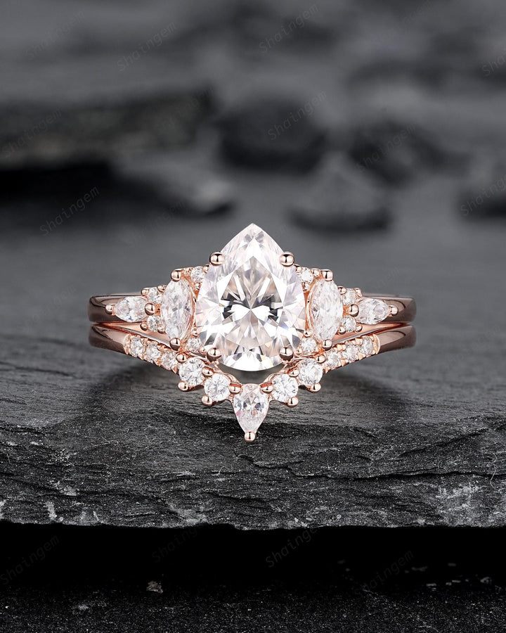 Vintage Pear Shape Moissanite Engagement Ring Set, Unique Women's Bridal Set, 14K Rose Gold Promise Ring Silver Wedding Ring for her Mom - ShainJewelry