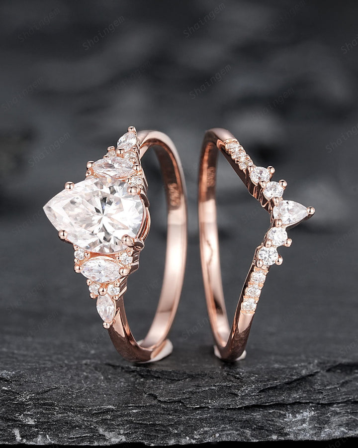 Vintage Pear Shape Moissanite Engagement Ring Set, Unique Women's Bridal Set, 14K Rose Gold Promise Ring Silver Wedding Ring for her Mom - ShainJewelry