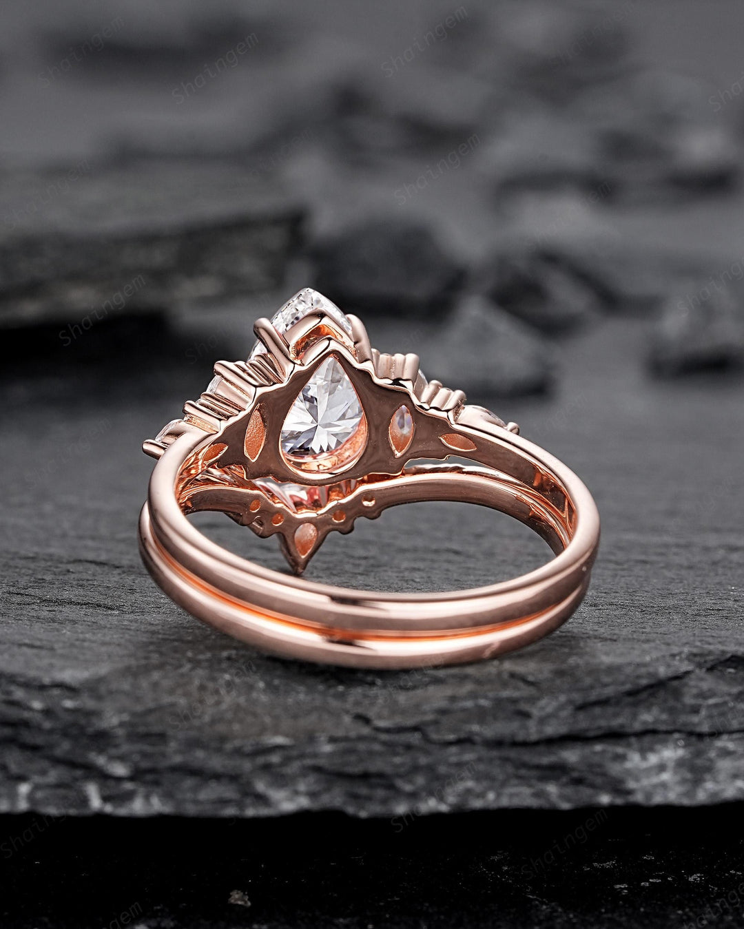 Vintage Pear Shape Moissanite Engagement Ring Set, Unique Women's Bridal Set, 14K Rose Gold Promise Ring Silver Wedding Ring for her Mom - ShainJewelry