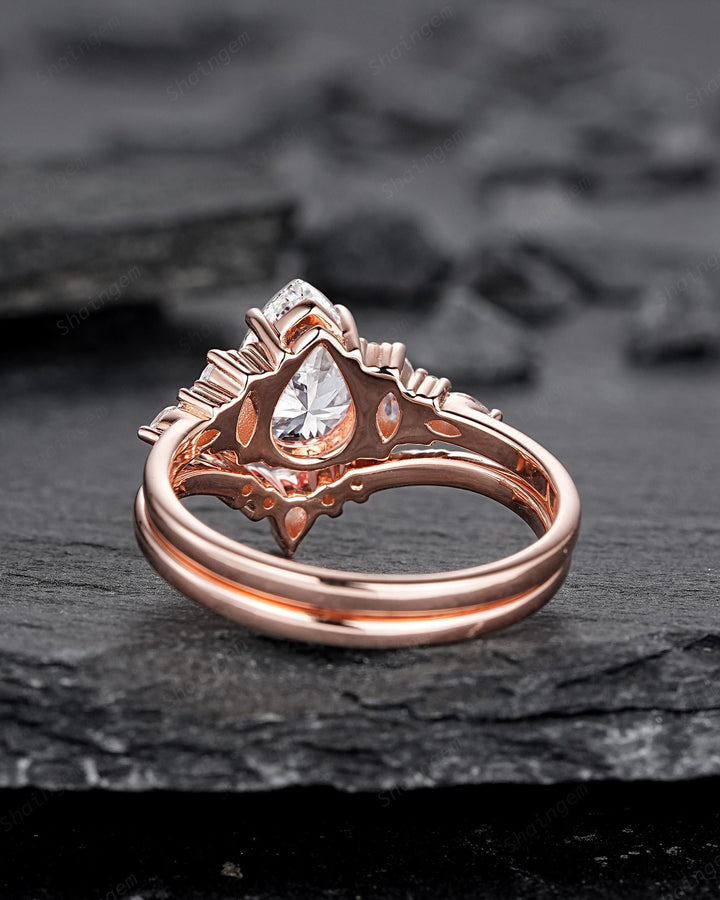 Vintage Pear Shape Moissanite Engagement Ring Set, Unique Women's Bridal Set, 14K Rose Gold Promise Ring Silver Wedding Ring for her Mom - ShainJewelry