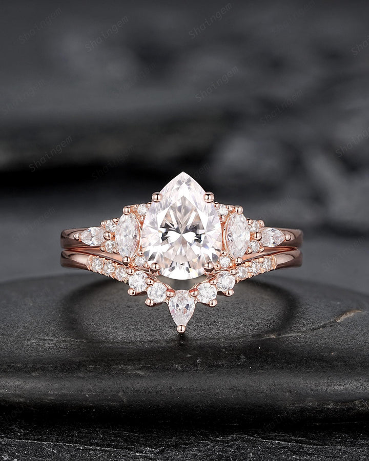 Vintage Pear Shape Moissanite Engagement Ring Set, Unique Women's Bridal Set, 14K Rose Gold Promise Ring Silver Wedding Ring for her Mom - ShainJewelry