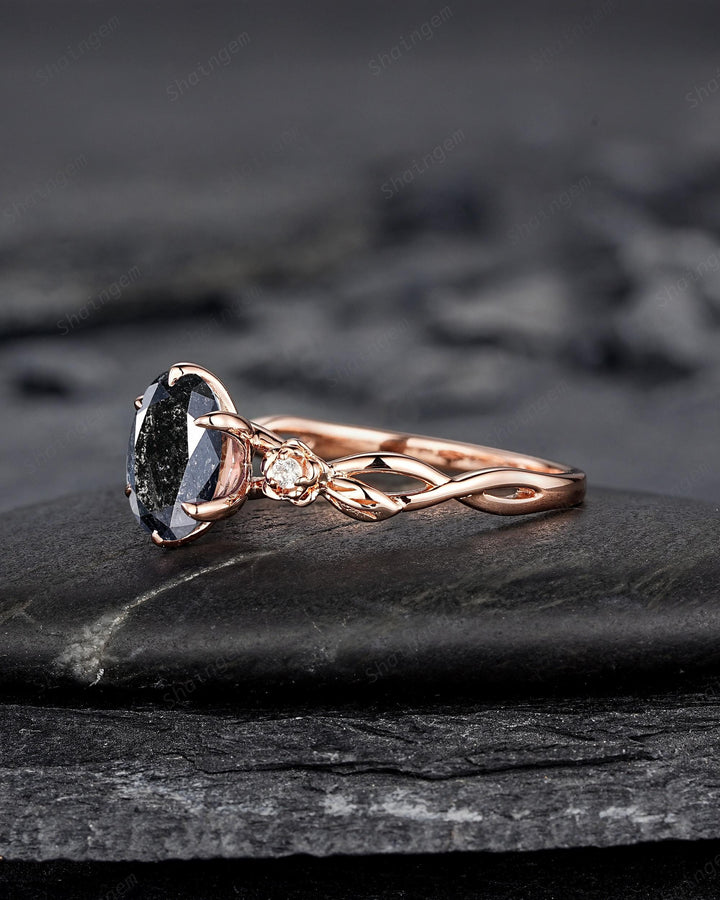 Oval Shape Salt and Pepper Diamond Floral Engagement Ring, Solid Rose Gold Natural Black Diamond Promise Ring Gray Diamond Leaf Wedding Ring - ShainJewelry