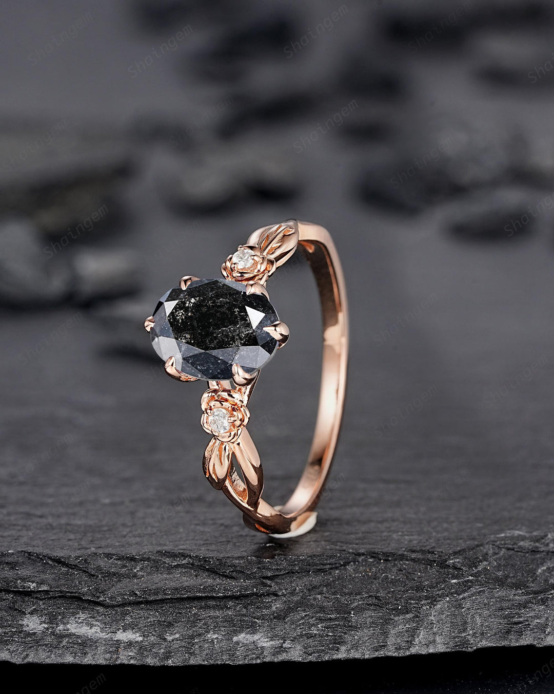 Oval Shape Salt and Pepper Diamond Floral Engagement Ring, Solid Rose Gold Natural Black Diamond Promise Ring Gray Diamond Leaf Wedding Ring - ShainJewelry