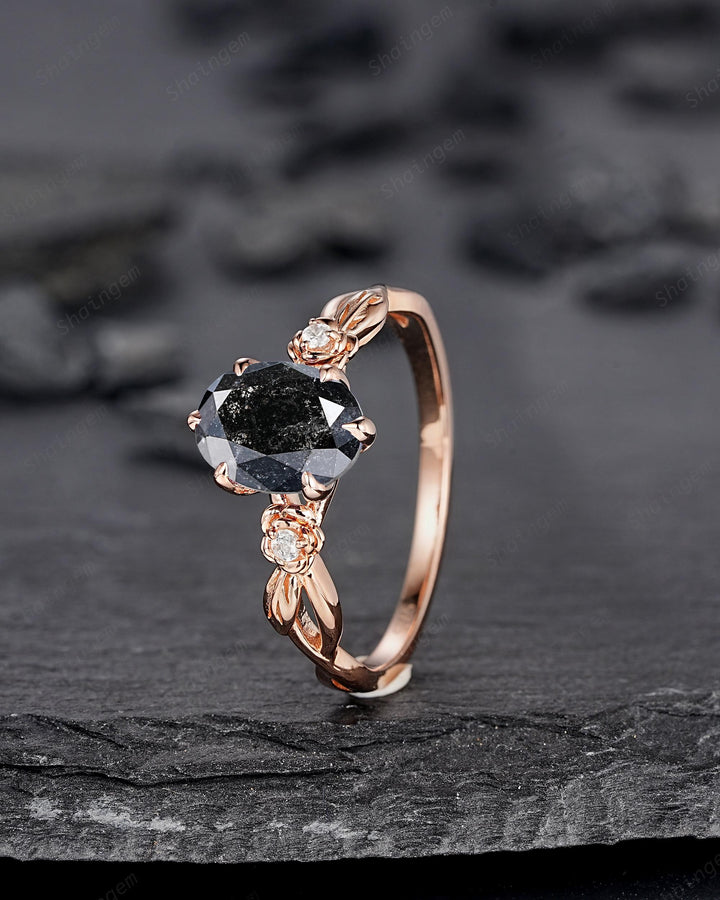 Oval Shape Salt and Pepper Diamond Floral Engagement Ring, Solid Rose Gold Natural Black Diamond Promise Ring Gray Diamond Leaf Wedding Ring - ShainJewelry
