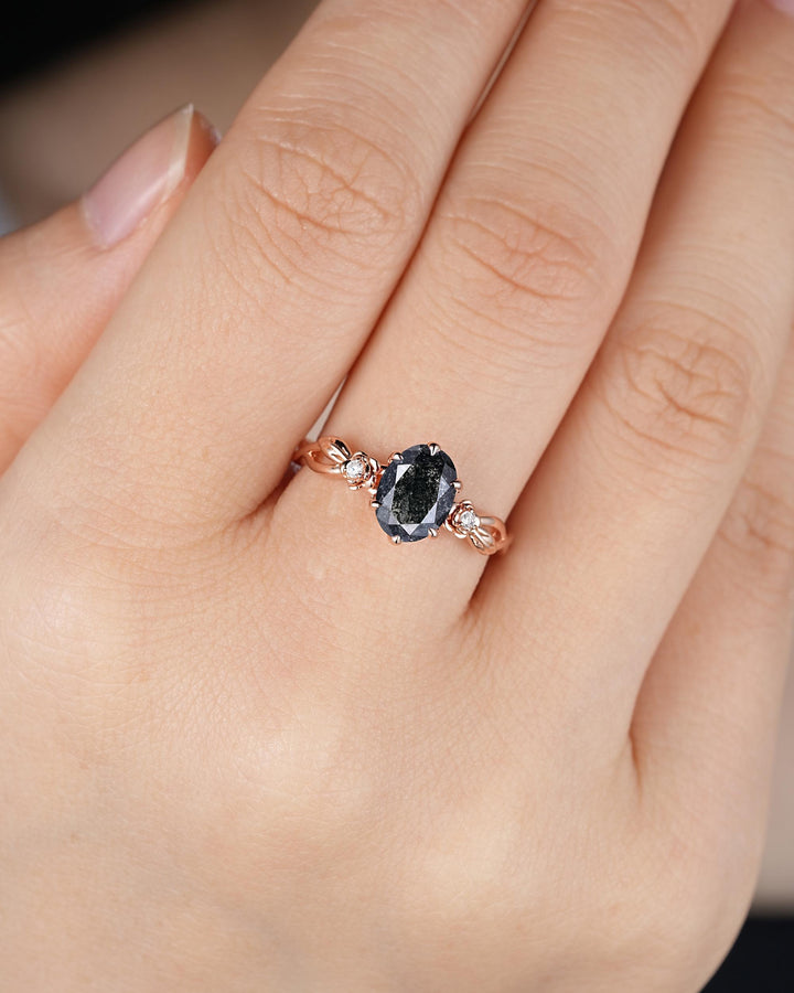 Oval Shape Salt and Pepper Diamond Floral Engagement Ring, Solid Rose Gold Natural Black Diamond Promise Ring Gray Diamond Leaf Wedding Ring - ShainJewelry