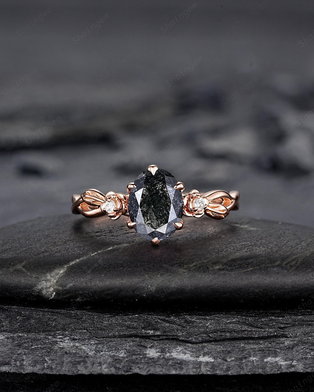 Oval Shape Salt and Pepper Diamond Floral Engagement Ring, Solid Rose Gold Natural Black Diamond Promise Ring Gray Diamond Leaf Wedding Ring - ShainJewelry