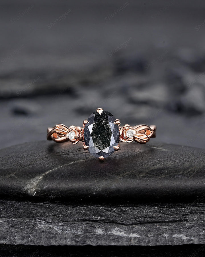 Oval Shape Salt and Pepper Diamond Floral Engagement Ring, Solid Rose Gold Natural Black Diamond Promise Ring Gray Diamond Leaf Wedding Ring - ShainJewelry
