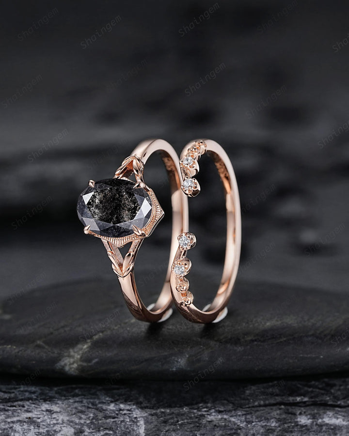 Oval Shape Natural Salt and Pepper Diamond Engagement Ring Set, Open Gap Platinum Leaf Promise Ring Nature Inspired Rose Gold Wedding Ring - ShainJewelry