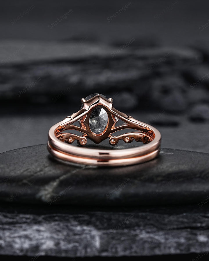 Oval Shape Natural Salt and Pepper Diamond Engagement Ring Set, Open Gap Platinum Leaf Promise Ring Nature Inspired Rose Gold Wedding Ring - ShainJewelry