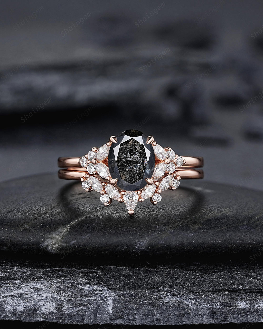 Natural Oval Shape Salt and Pepper Diamond Cluster Engagement Ring Set, Gray Diamond Promise Ring Solid Rose Gold Black Diamond Wedding Ring - ShainJewelry