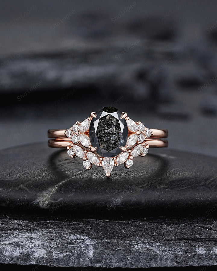 Natural Oval Shape Salt and Pepper Diamond Cluster Engagement Ring Set, Gray Diamond Promise Ring Solid Rose Gold Black Diamond Wedding Ring - ShainJewelry