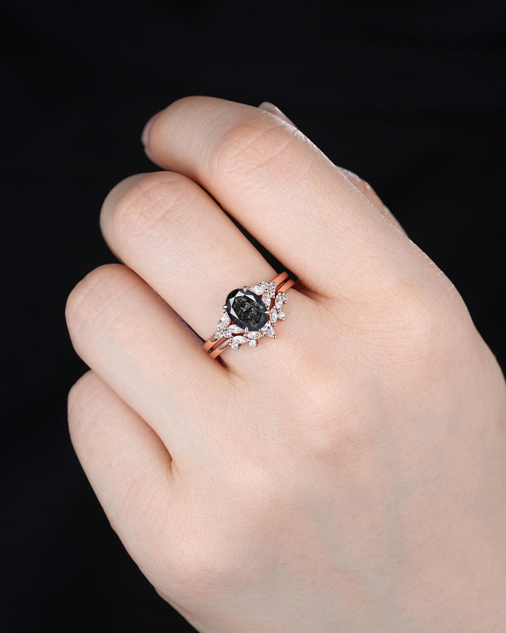 Natural Oval Shape Salt and Pepper Diamond Cluster Engagement Ring Set, Gray Diamond Promise Ring Solid Rose Gold Black Diamond Wedding Ring - ShainJewelry
