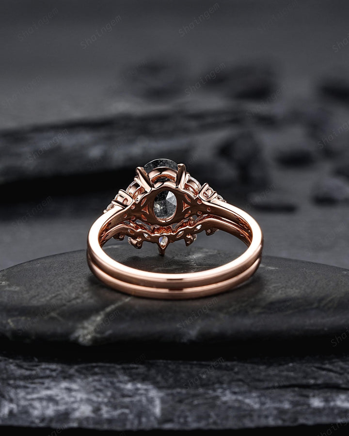 Natural Oval Shape Salt and Pepper Diamond Cluster Engagement Ring Set, Gray Diamond Promise Ring Solid Rose Gold Black Diamond Wedding Ring - ShainJewelry