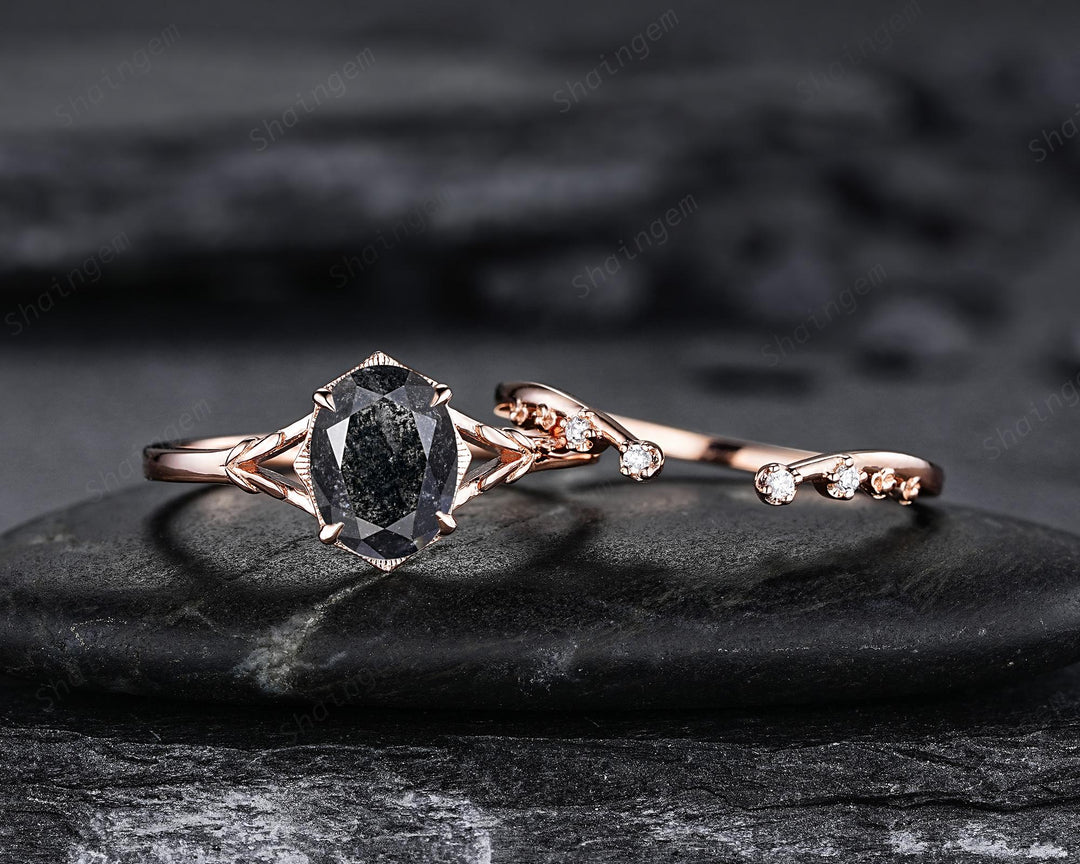 Oval Shape Natural Salt and Pepper Diamond Engagement Ring Set, Open Gap Platinum Leaf Promise Ring Nature Inspired Rose Gold Wedding Ring - ShainJewelry