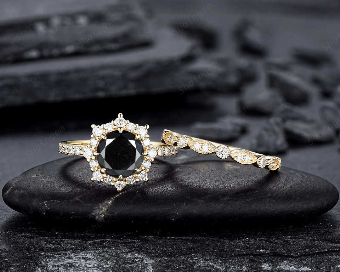 1.5 CT Round Shape Black Diamond Halo Engagement Ring Set Yellow Gold Natural Diamond Floral Promise Ring Wedding Anniversary Ring for Women - ShainJewelry