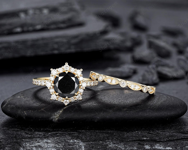 1.5 CT Round Shape Black Diamond Halo Engagement Ring Set Yellow Gold Natural Diamond Floral Promise Ring Wedding Anniversary Ring for Women - ShainJewelry