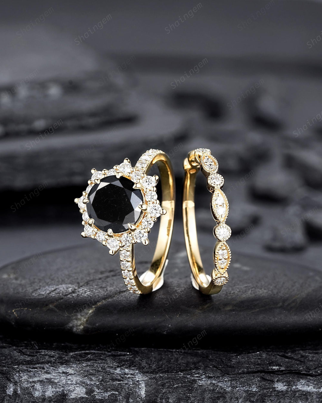 1.5 CT Round Shape Black Diamond Halo Engagement Ring Set Yellow Gold Natural Diamond Floral Promise Ring Wedding Anniversary Ring for Women - ShainJewelry