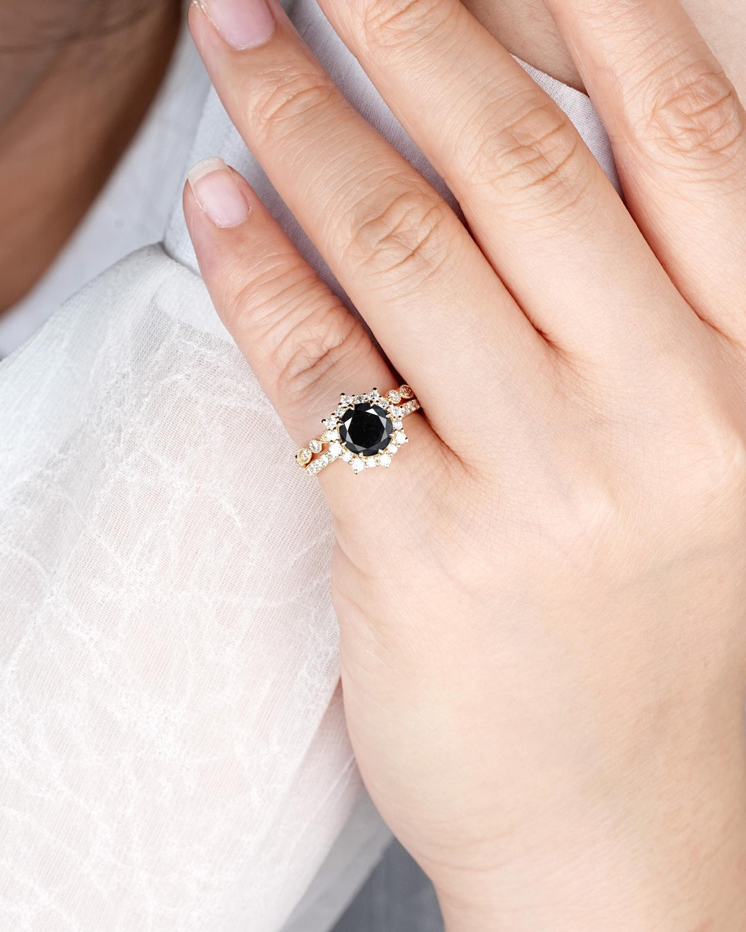 1.5 CT Round Shape Black Diamond Halo Engagement Ring Set Yellow Gold Natural Diamond Floral Promise Ring Wedding Anniversary Ring for Women - ShainJewelry