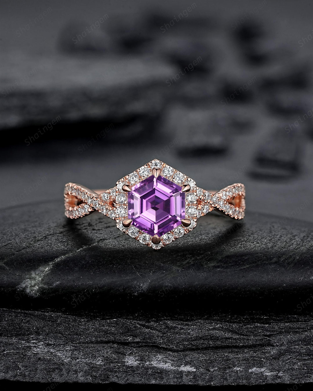 Vintage Hexagon Cut Purple Amethyst Halo Engagement Ring, Rose Gold Cross Band Half Eternity Promise Ring, Silver Wedding Ring For Women - ShainJewelry