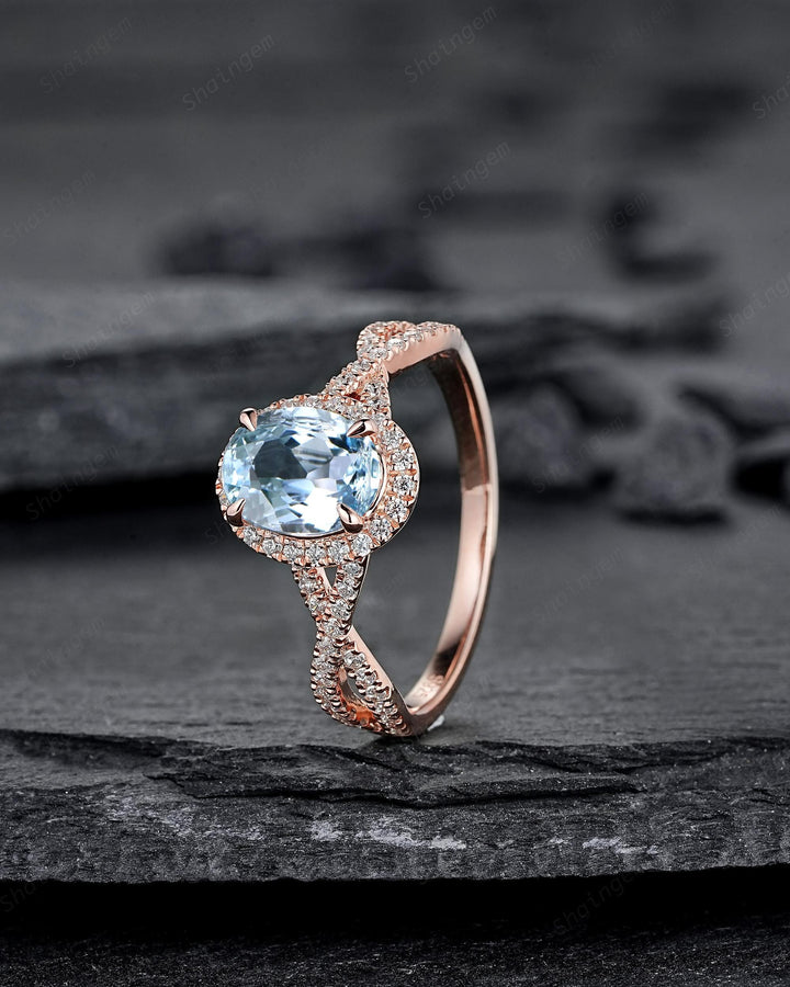 Vintage Oval Shape Blue Aquamarine Halo Engagement Ring, Rose Gold Cross Band Half Eternity Promise Ring, Infinite Wedding Ring For Women - ShainJewelry