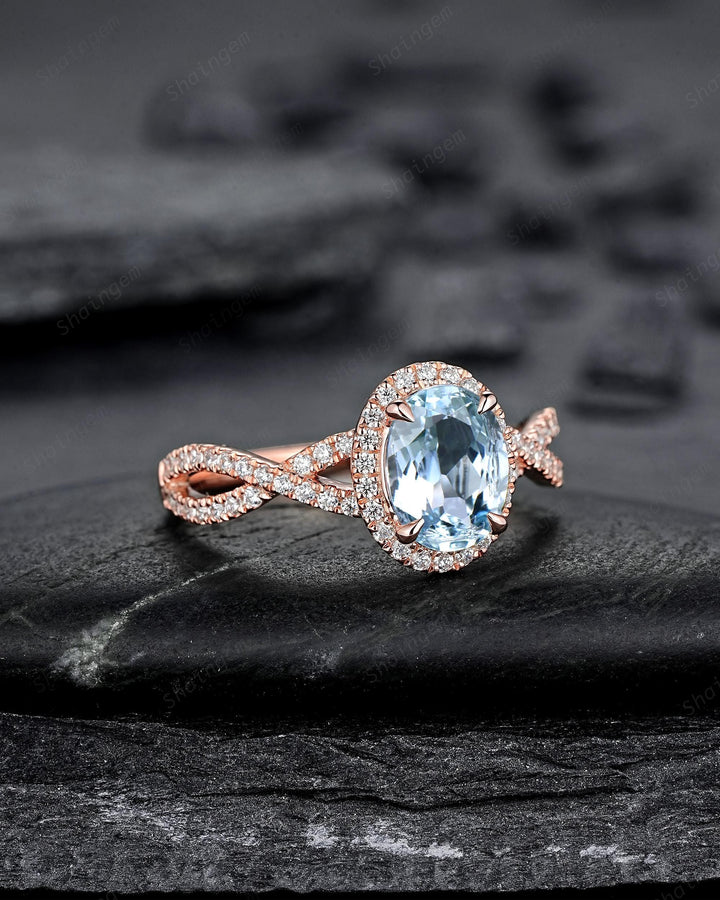 Vintage Oval Shape Blue Aquamarine Halo Engagement Ring, Rose Gold Cross Band Half Eternity Promise Ring, Infinite Wedding Ring For Women - ShainJewelry
