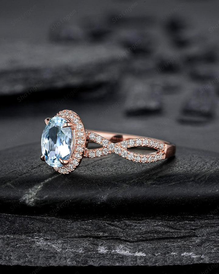 Vintage Oval Shape Blue Aquamarine Halo Engagement Ring, Rose Gold Cross Band Half Eternity Promise Ring, Infinite Wedding Ring For Women - ShainJewelry