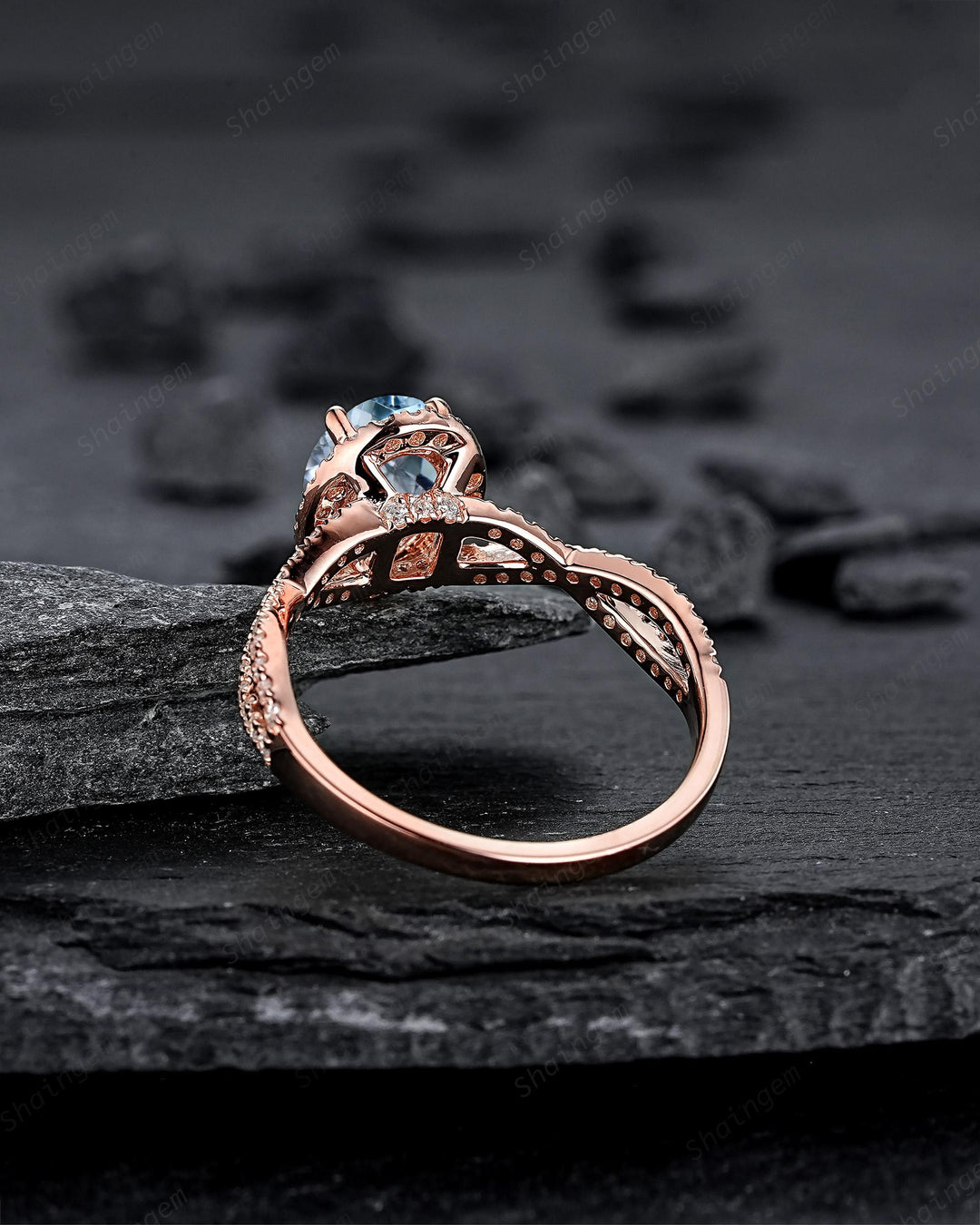 Vintage Oval Shape Blue Aquamarine Halo Engagement Ring, Rose Gold Cross Band Half Eternity Promise Ring, Infinite Wedding Ring For Women - ShainJewelry
