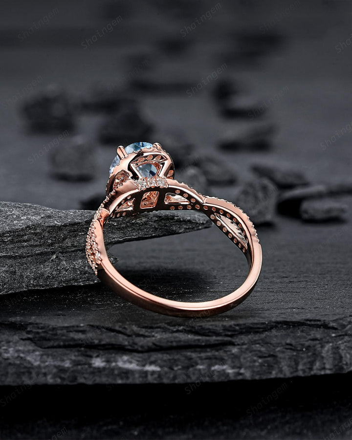 Vintage Oval Shape Blue Aquamarine Halo Engagement Ring, Rose Gold Cross Band Half Eternity Promise Ring, Infinite Wedding Ring For Women - ShainJewelry